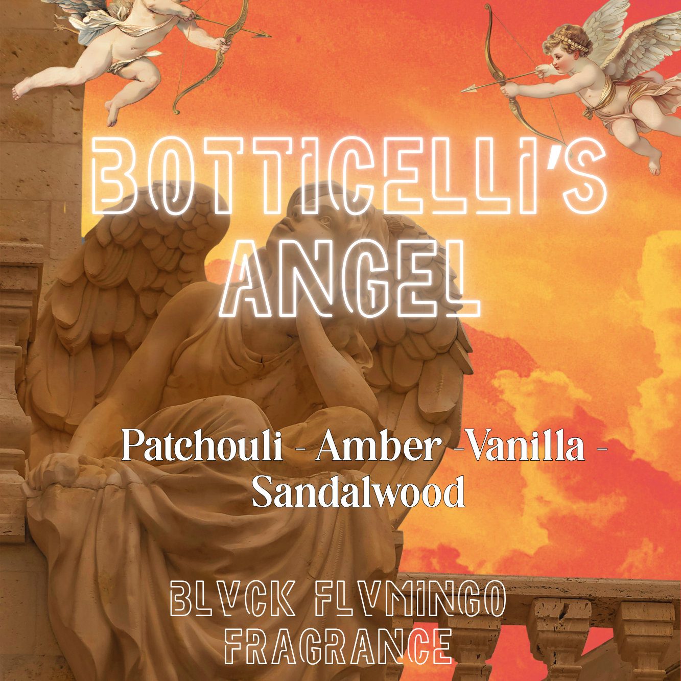 A square product graphic for 'Botticelli's Angel' fragrance by Blvck Flvmingo Fragrance. The design features a classical stone angel statue in the foreground against a dramatic orange and pink sky with two winged cherubs holding bows.
